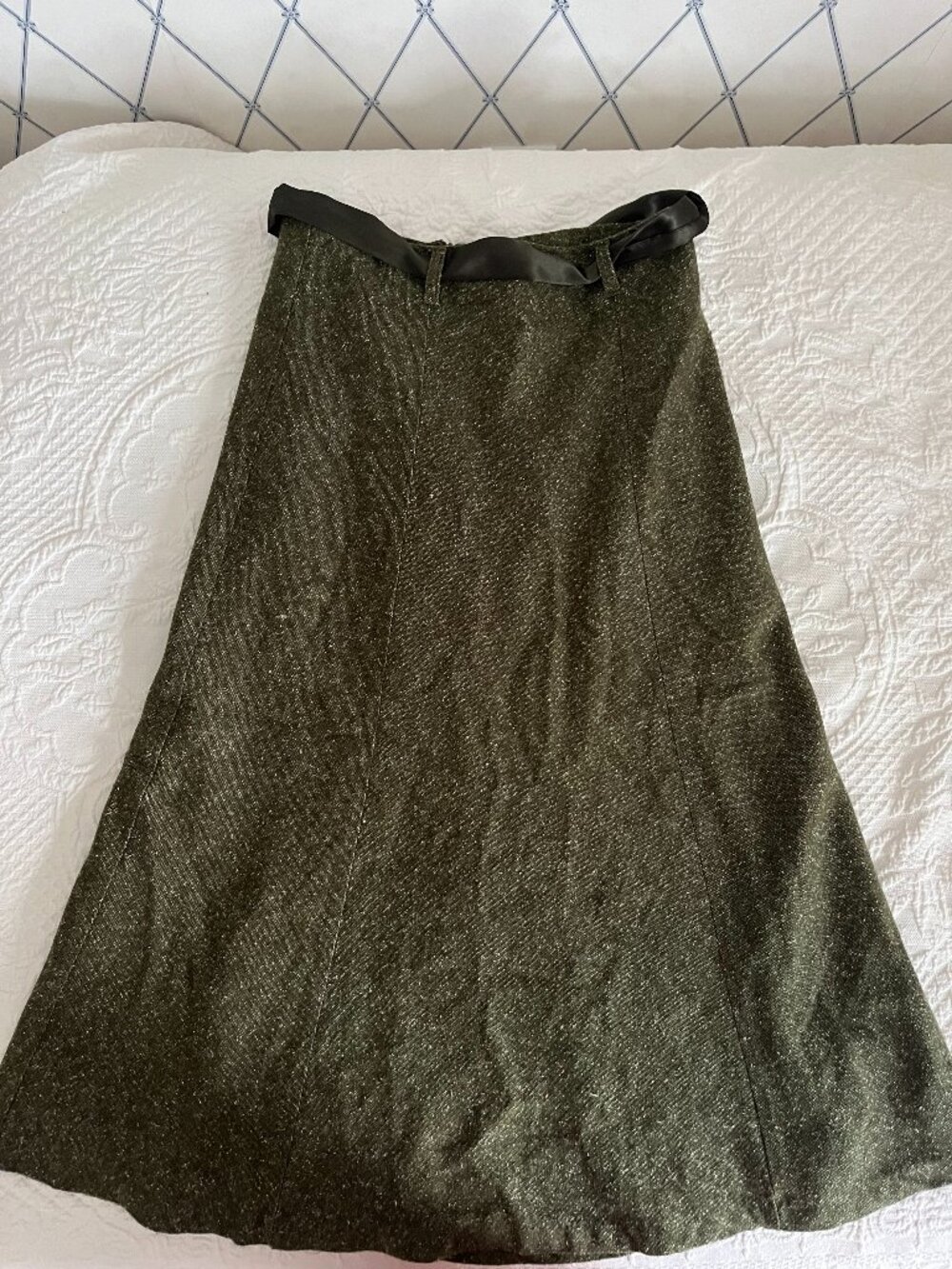 Green "Tweed" Maxi Skirt with Satin Belt